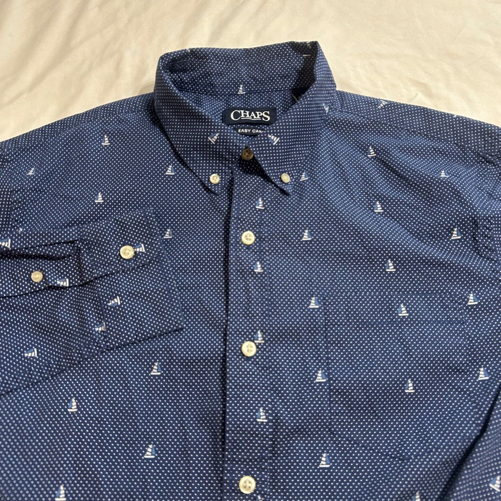 Chaps Mens Navy Blue Sailboat Micro Dot Easy Care Button Down Shirt Large
